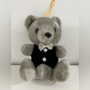 Vintage 1986 8" Etone Bear Plush Gray w/ Black Vest & Bow Tie Made In Korea